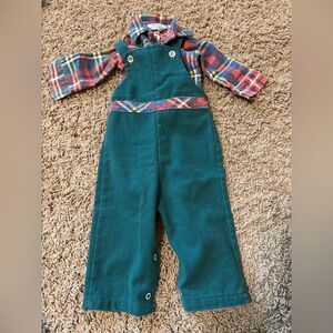 Vintage Health-tex green corduroy overalls w/ matching plaid shirt 12 months